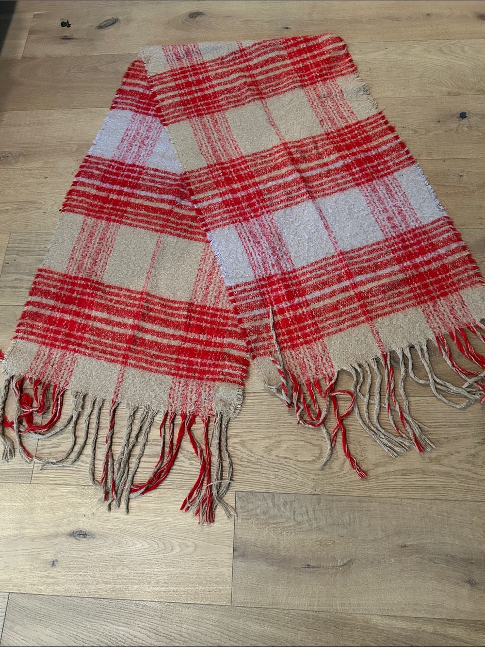 Plaid Fringe Wrap Scarf in Red and Beige - Unbranded